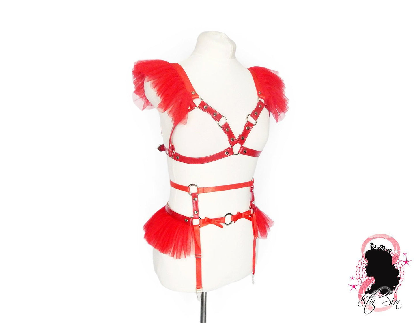 Red Vegan Leather Caged Mesh Body Harness Set