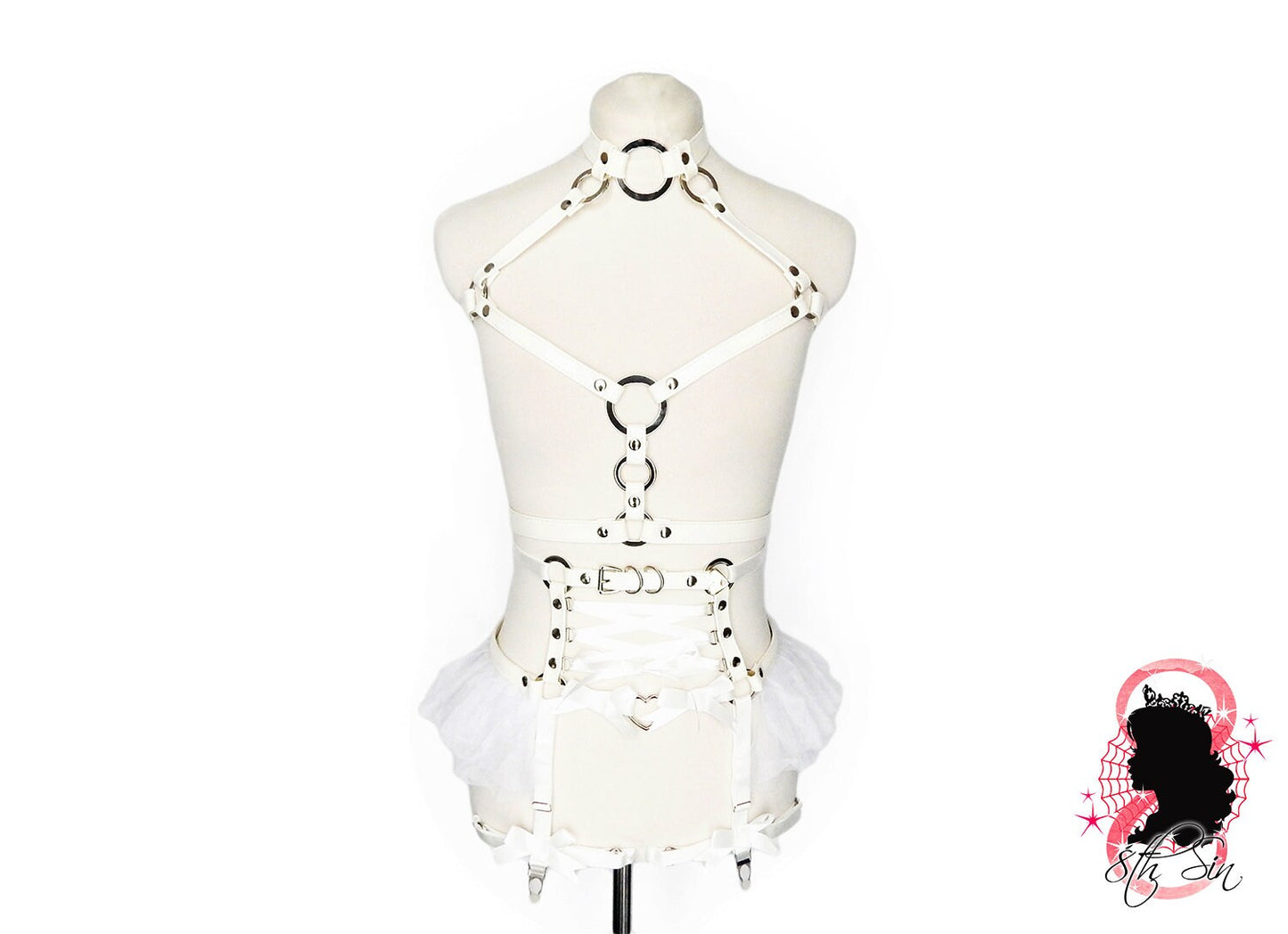 White Vegan Leather O Ring and Corset Harness Set