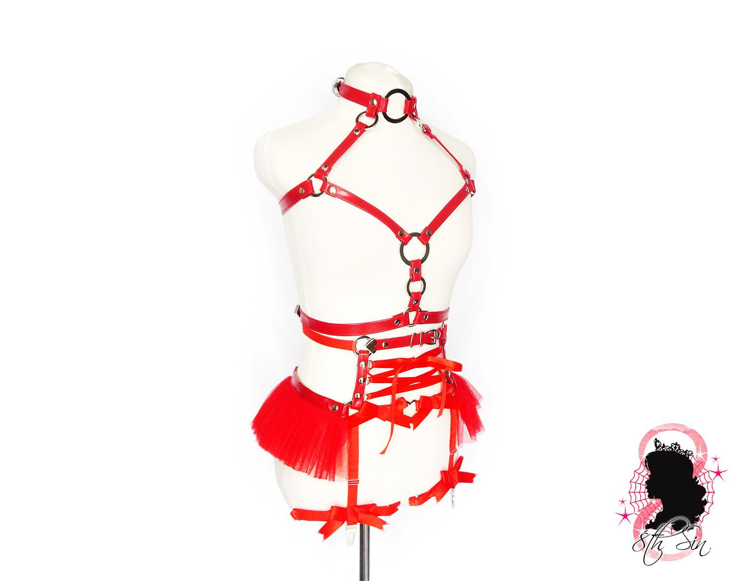 Red Vegan Leather O Ring and Corset Harness Set