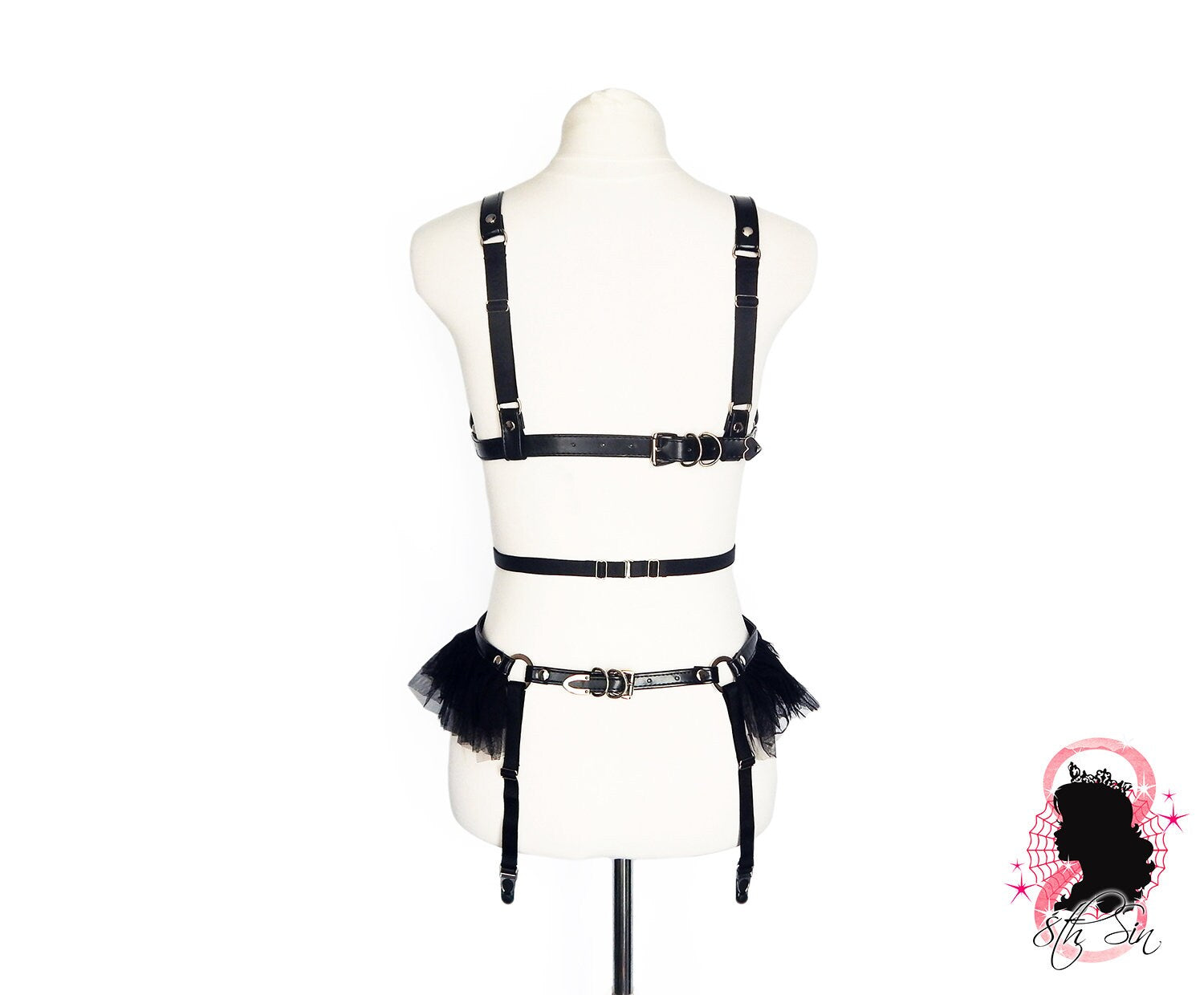Black Vegan Leather Cage Harness Set - 8th Sin