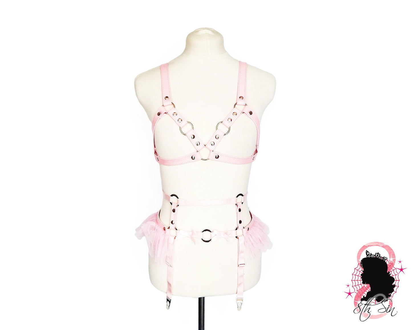 Pink Vegan Leather Cage Harness Set