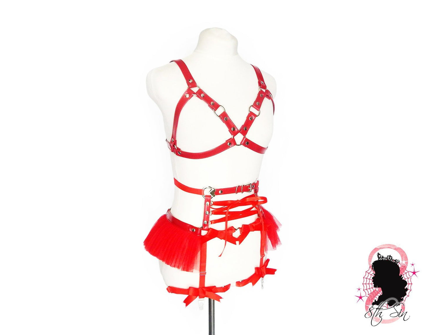 Red Vegan Leather Cage and Corset Harness Set