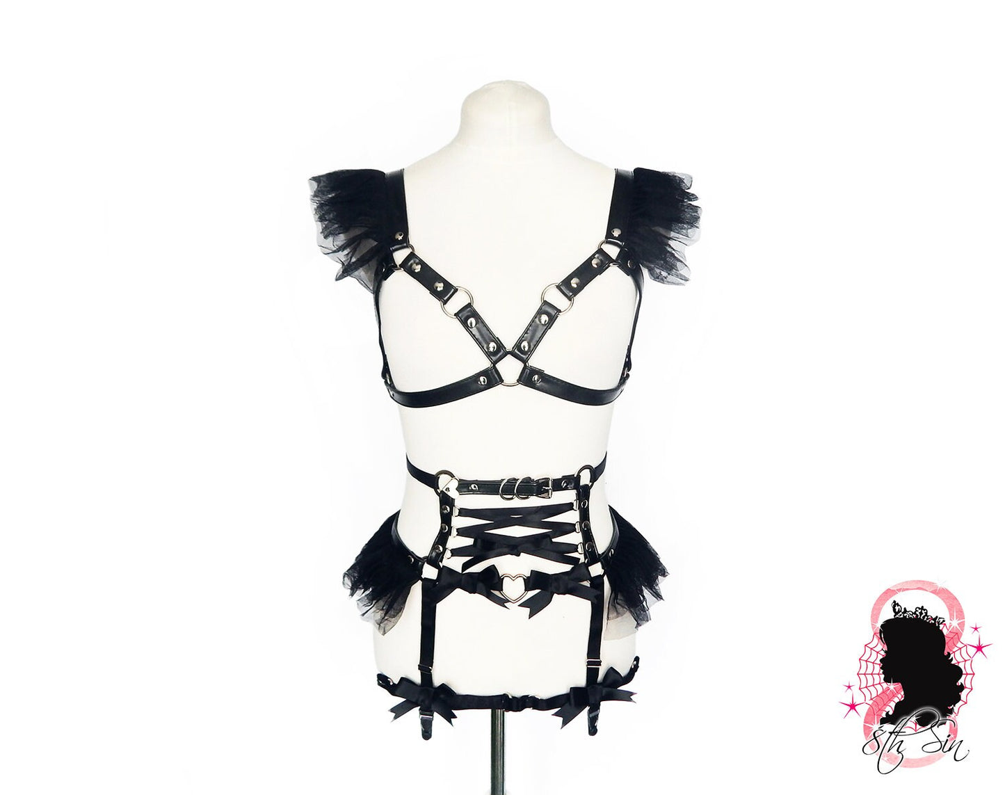 Black Vegan Leather Corset Body Harness Set - 8th Sin