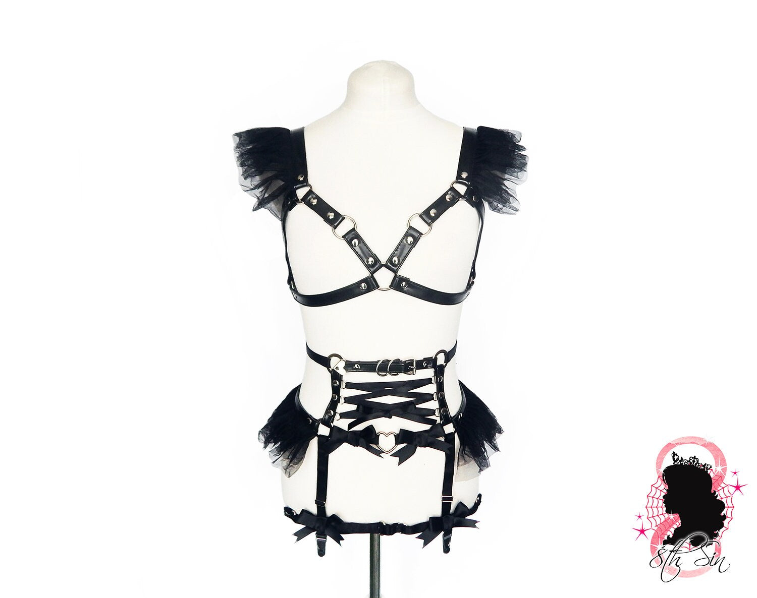 Black Vegan Leather Corset Body Harness Set - 8th Sin