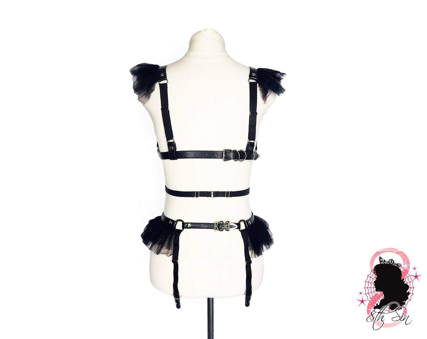 Black Vegan Leather Corset Body Harness Set - 8th Sin