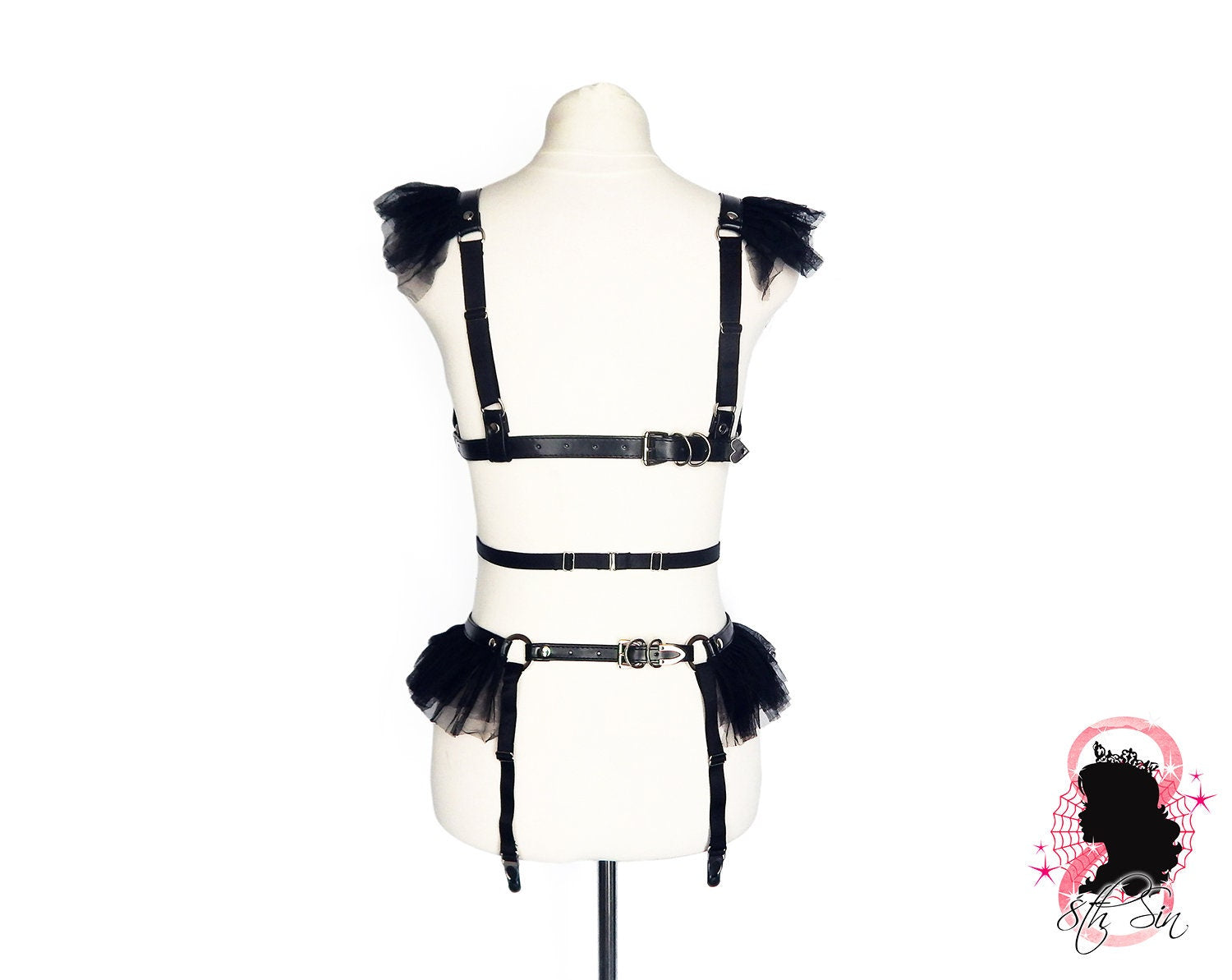 Black Vegan Leather Corset Body Harness Set - 8th Sin