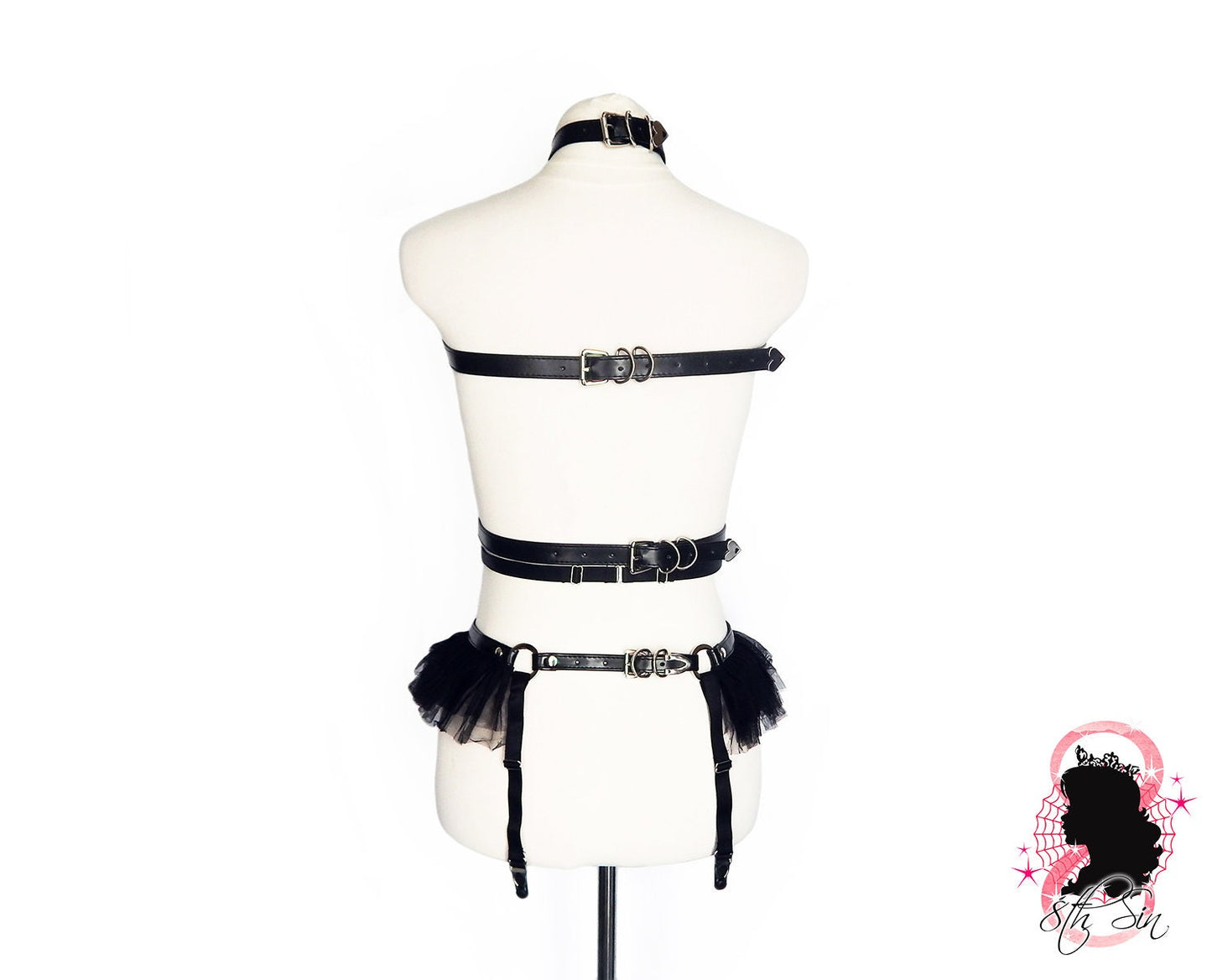 Black Vegan Leather O Ring and Corset Harness Set - 8th Sin