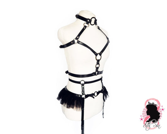 Black Vegan Leather O Ring Harness Set