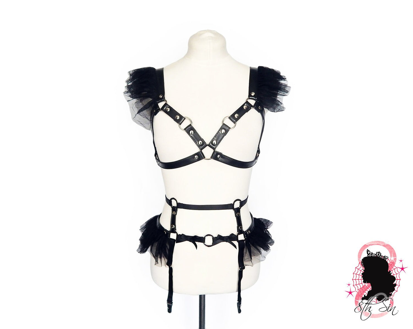 Black Vegan Leather Caged Mesh Body Harness Set - 8th Sin