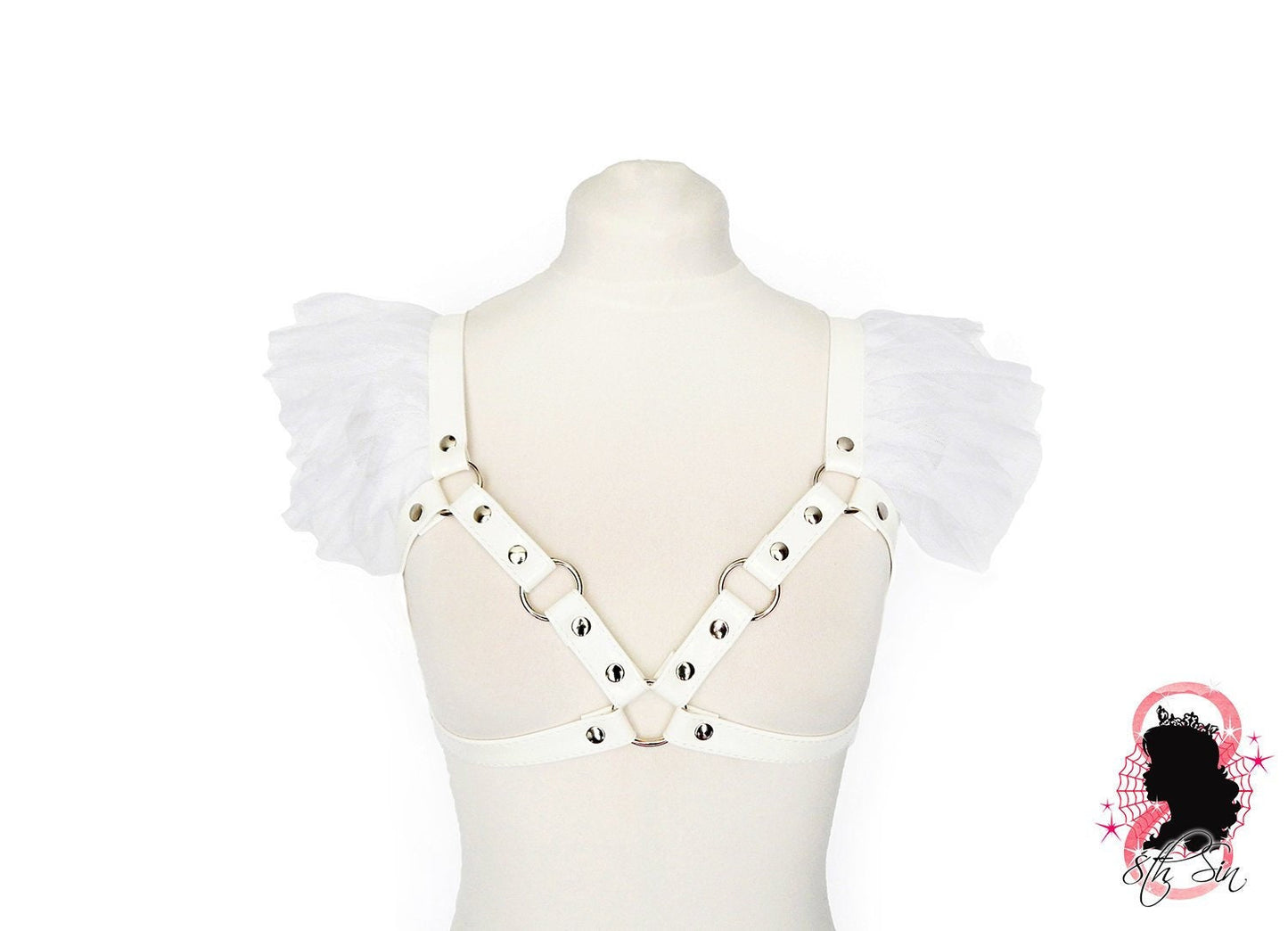 White Vegan Leather Ruffled Harness Bra