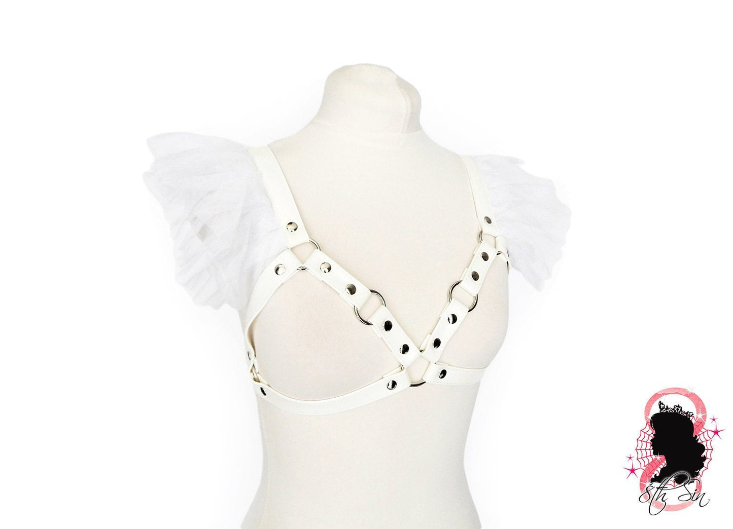White Vegan Leather Ruffled Harness Bra