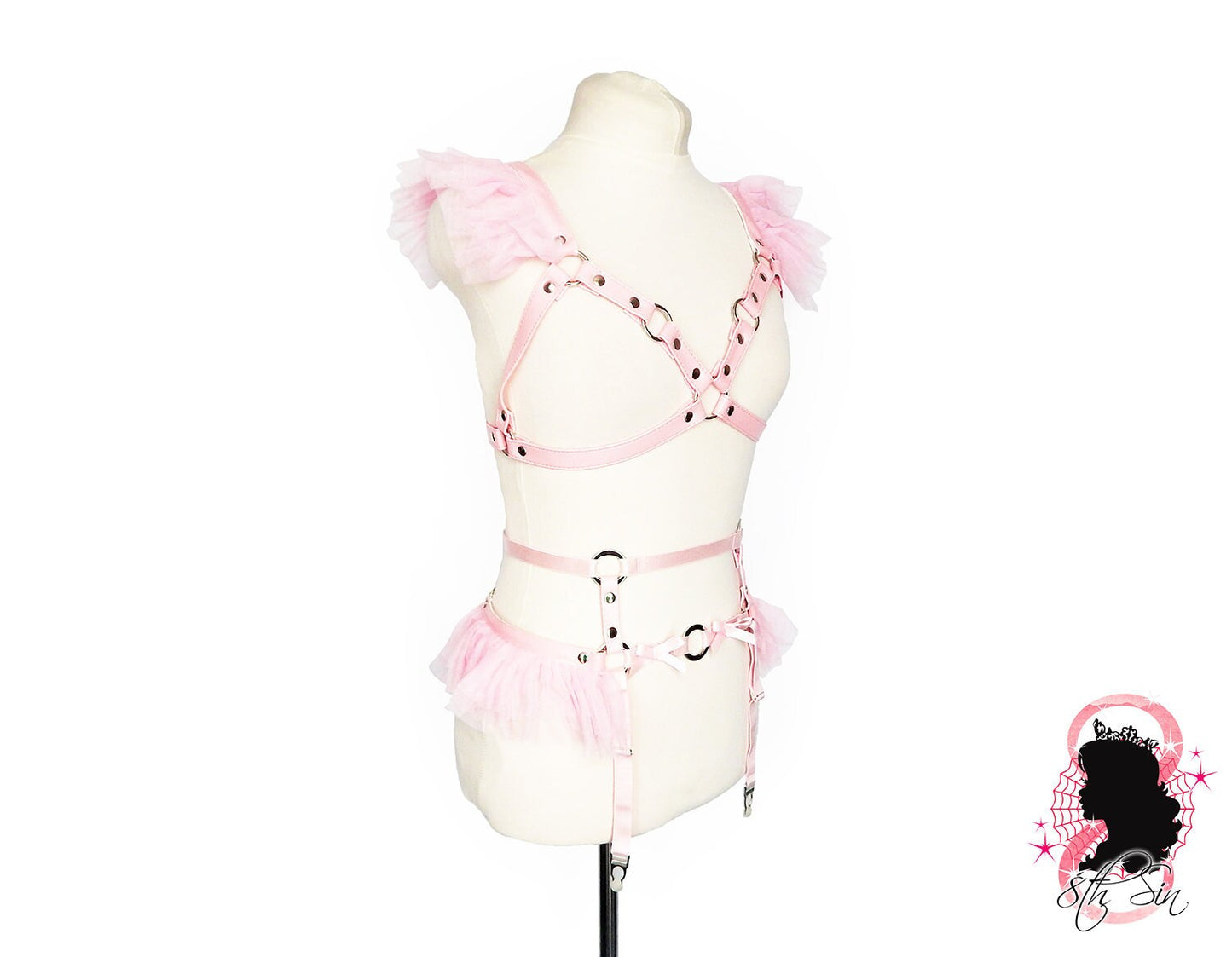 Pink Vegan Leather Caged Mesh Body Harness Set