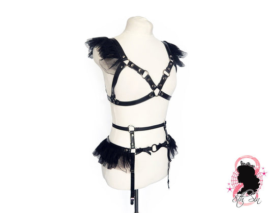 Black Vegan Leather Caged Mesh Body Harness Set - 8th Sin