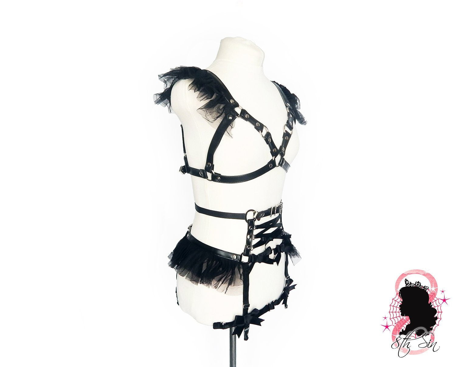 Black Vegan Leather Corset Body Harness Set - 8th Sin