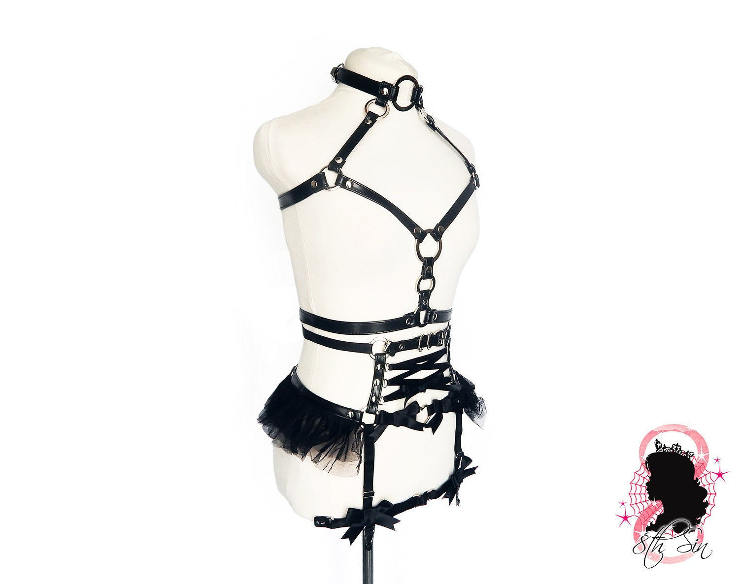 Black Vegan Leather O Ring and Corset Harness Set - 8th Sin
