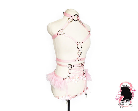 Pink Vegan Leather O Ring and Corset Harness Set