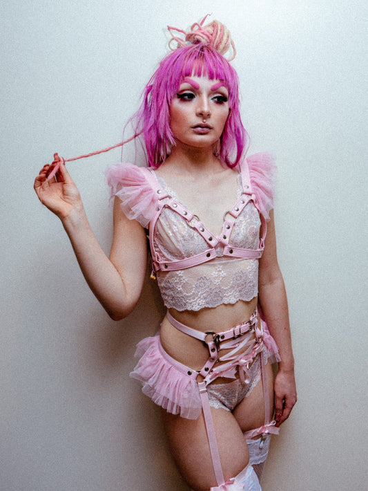 Pink Vegan Leather Corset Body Harness Set