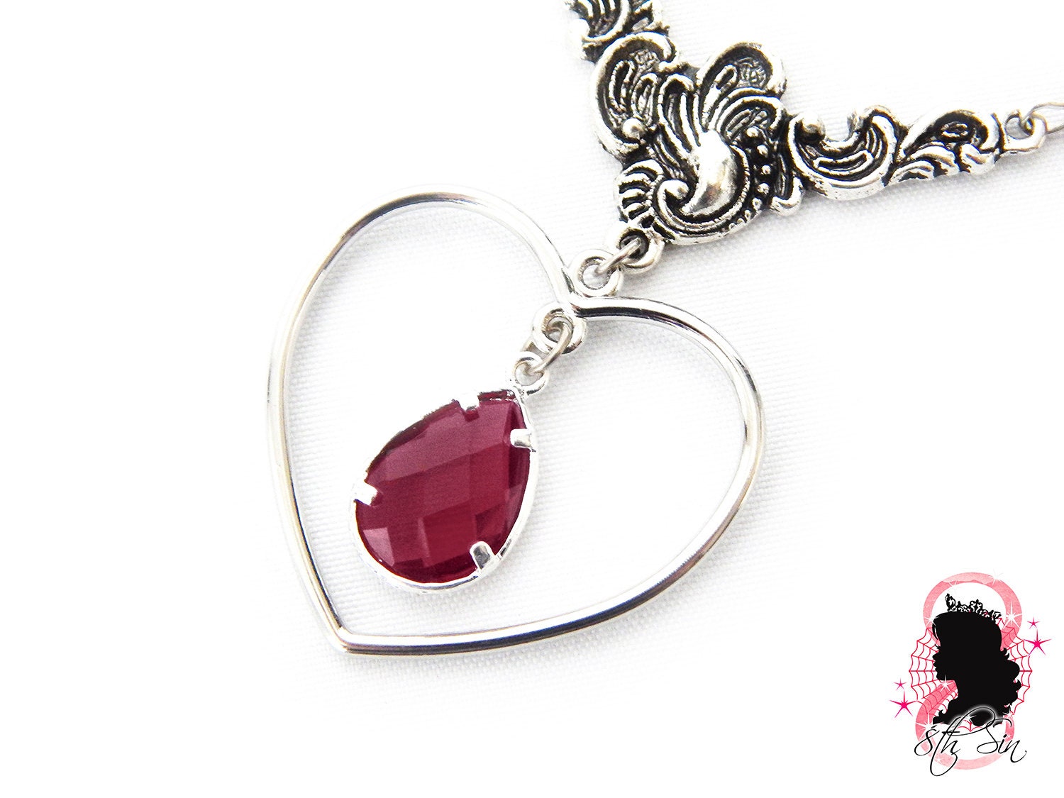 Antique Silver and Amethyst Heart Necklace - 8th Sin