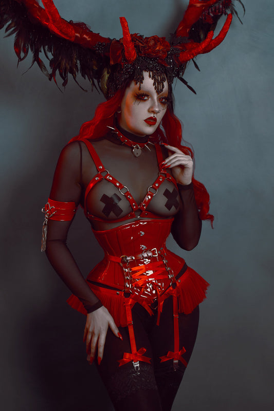 Red Vegan Leather Cage and Corset Harness Set