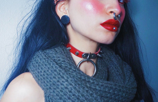 Red Leather Studded D and O Ring Choker - 8th Sin