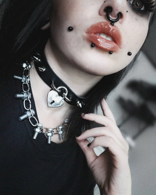 Black Studded Heart Padlock Choker with Key