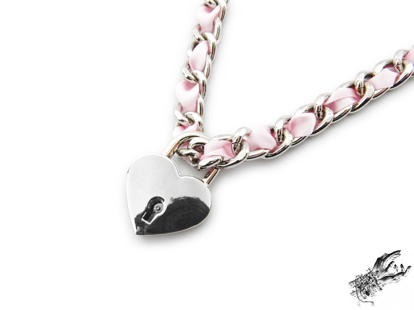 Pink Ribbon Chain and Heart Padlock Choker