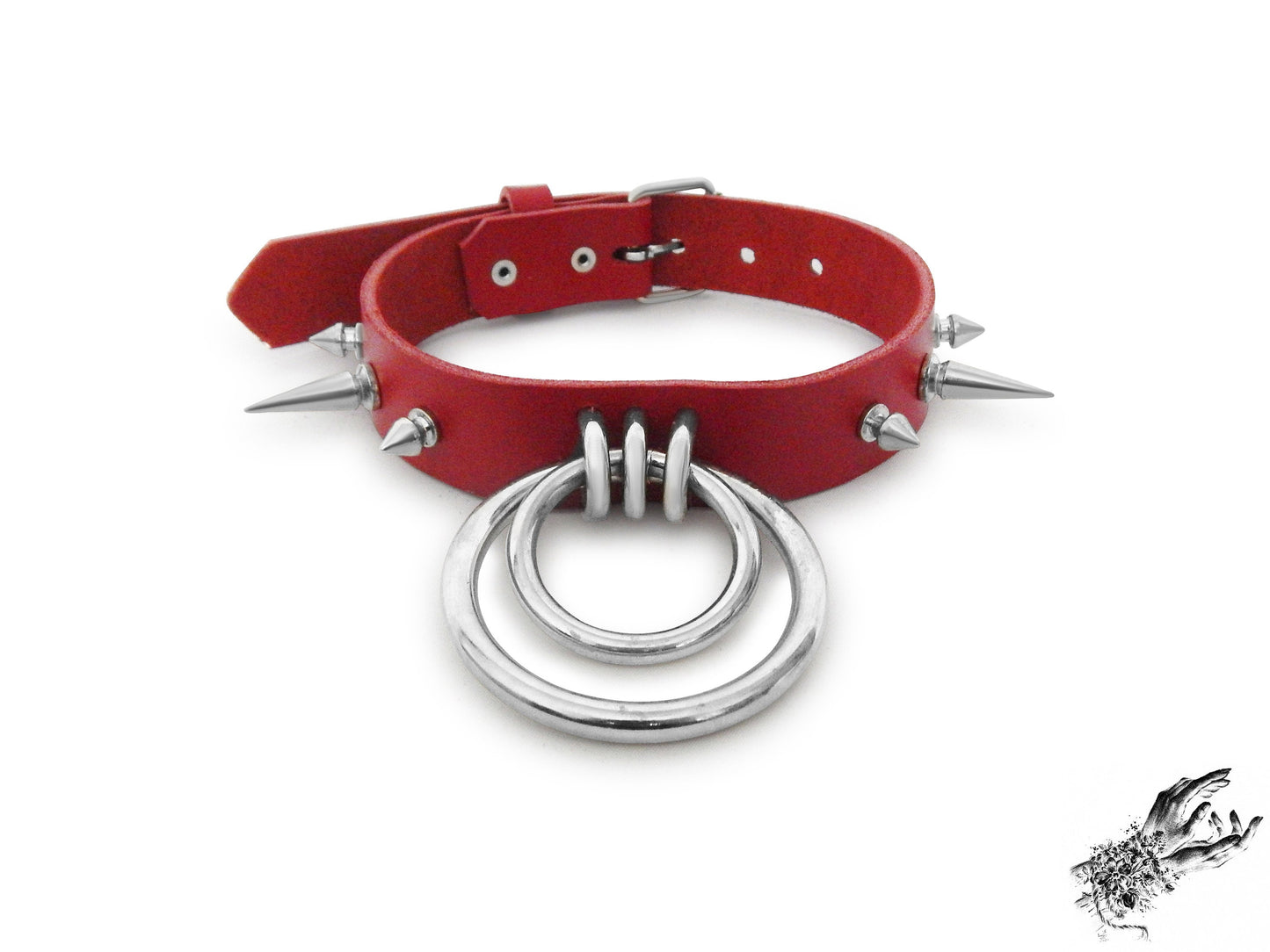 Red Studded Double O Ring Choker (Long and Short Spikes)