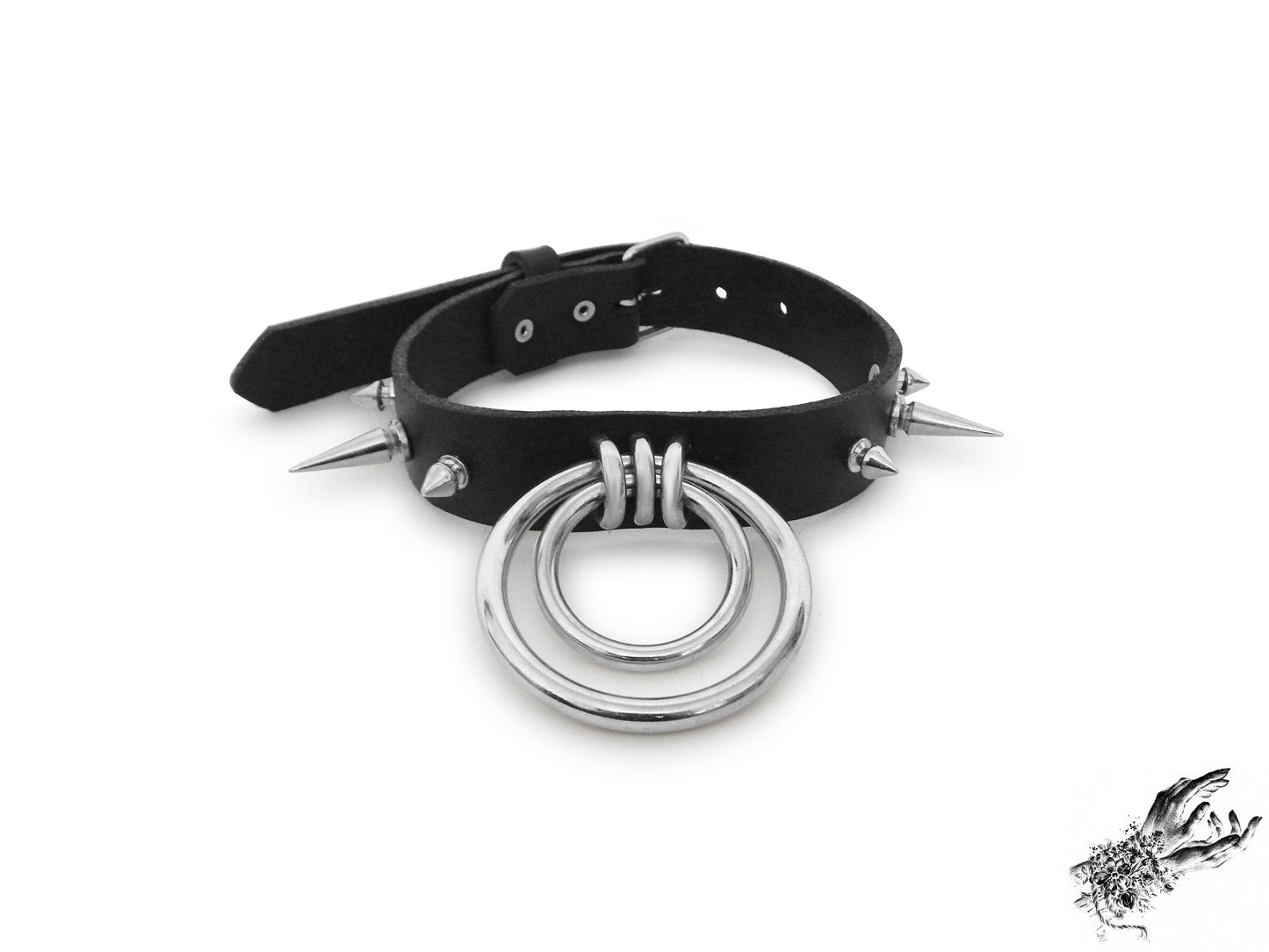 Black Studded Double O Ring Choker (Long and Short Spikes)