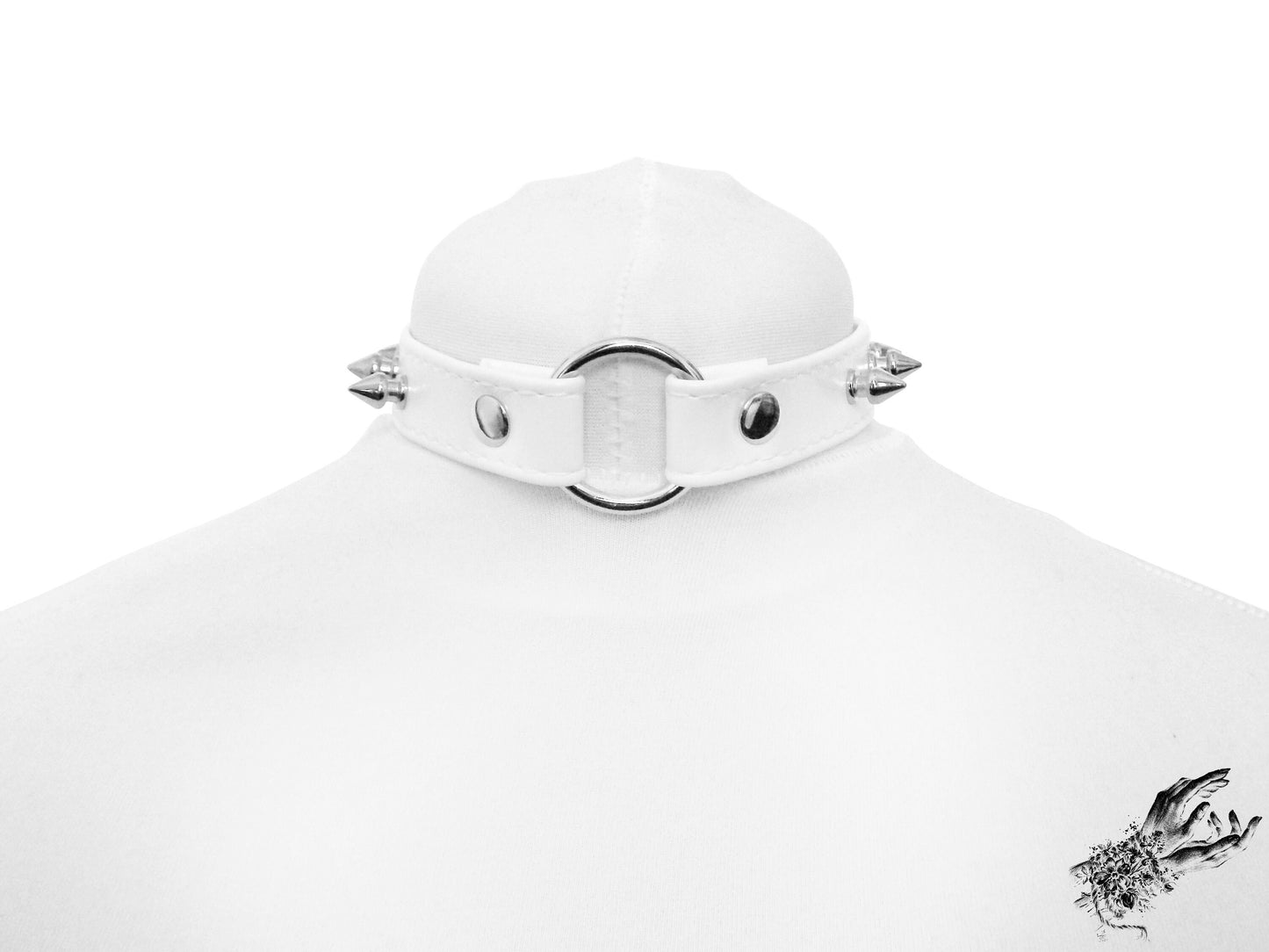 White Faux Leather Studded O Ring Choker