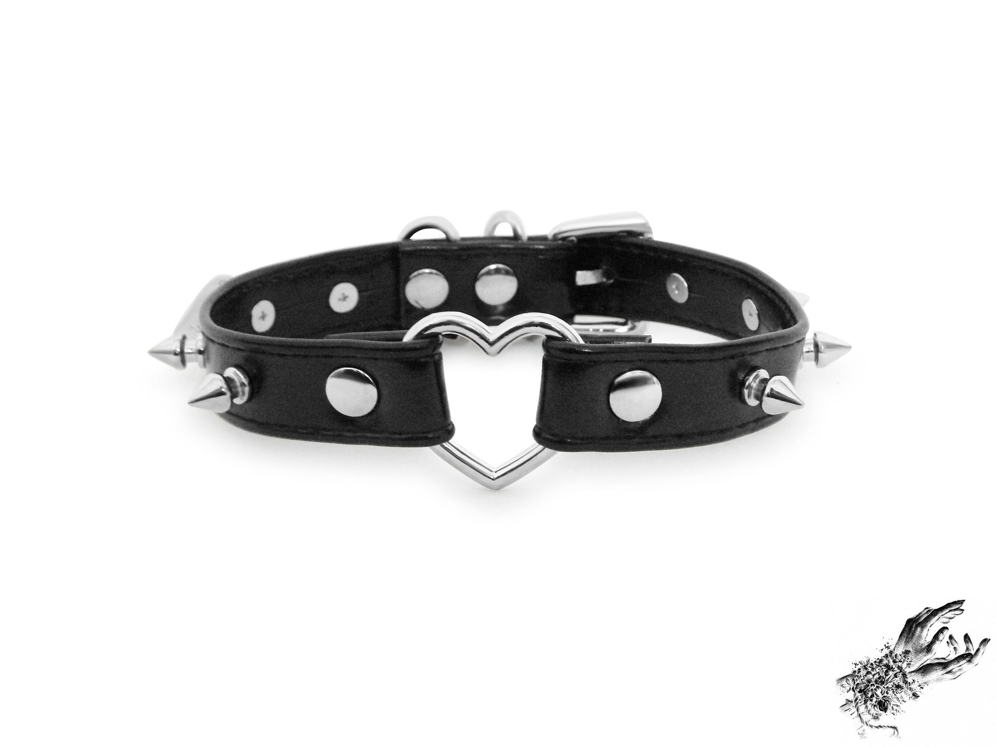 Black Faux Leather Studded Heart Ring Choker - 8th Sin