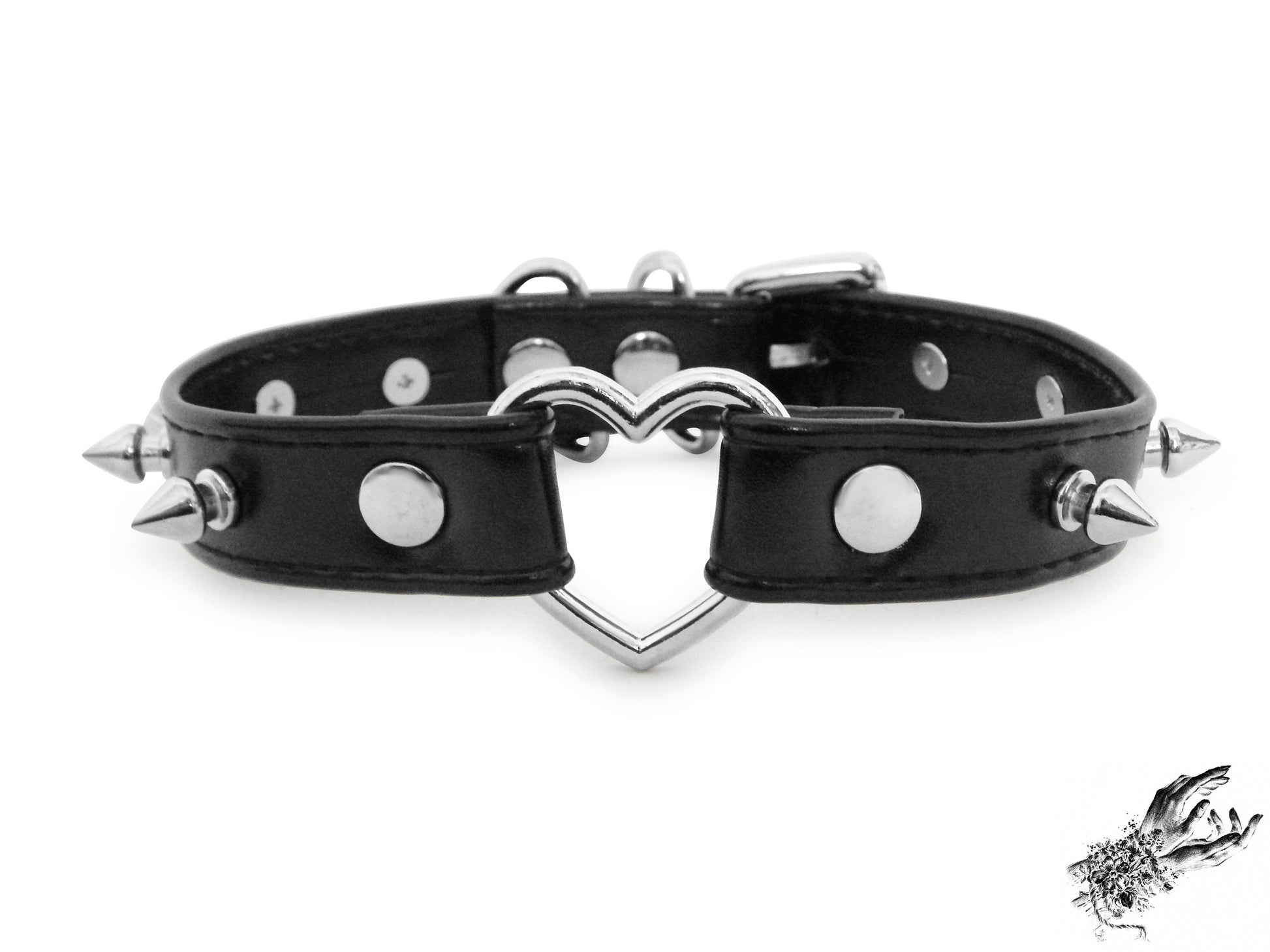 Black Faux Leather Studded Heart Ring Choker - 8th Sin