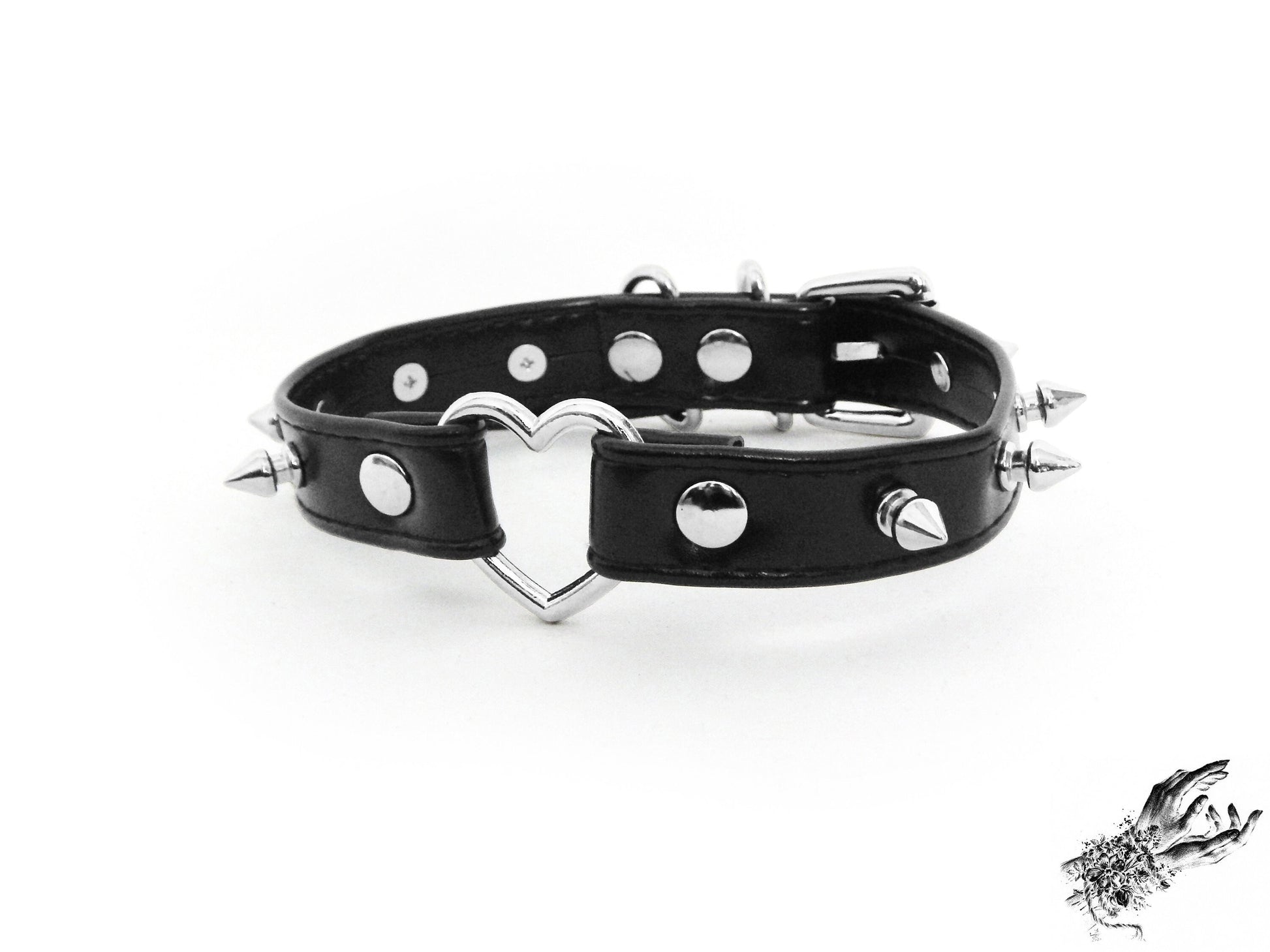 Black Faux Leather Studded Heart Ring Choker - 8th Sin
