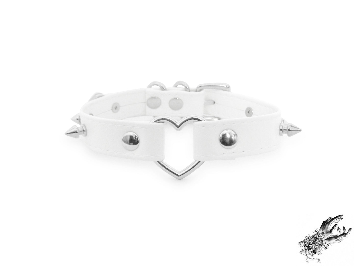 White Faux Leather Studded Heart Ring Choker