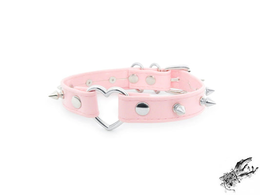 Pink Faux Leather Studded Heart Ring Choker