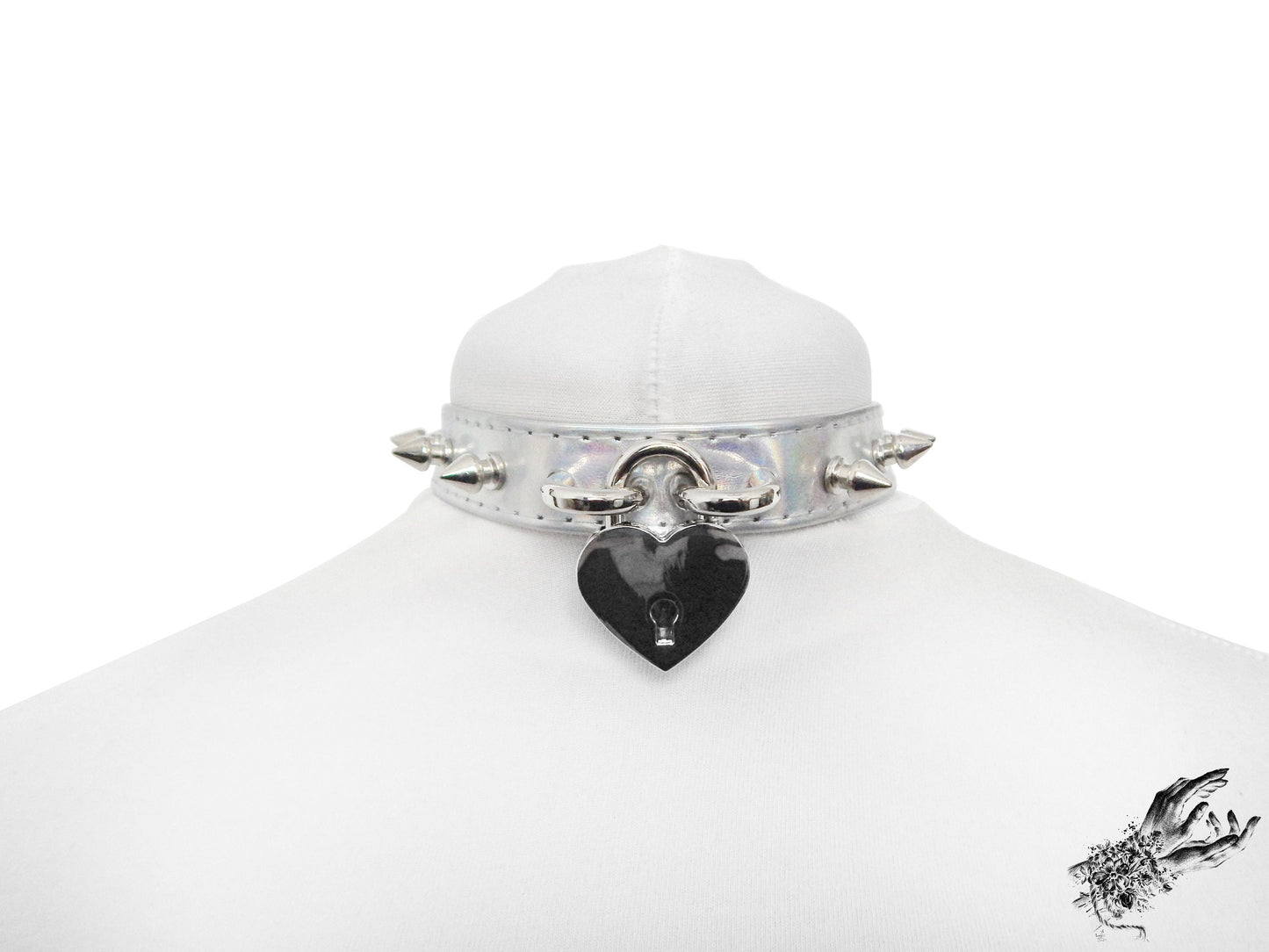 Holographic Silver Studded Heart Padlock Choker