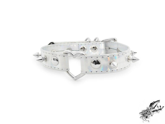 Holographic Silver Studded Heart Ring Choker