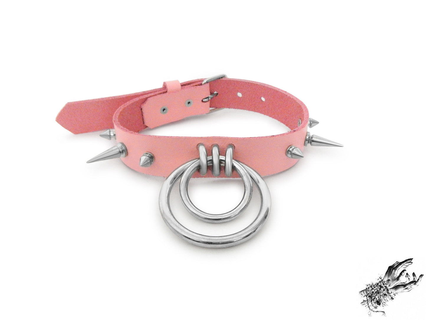 Pink Studded Double O Ring Choker (Long and Short Spikes)