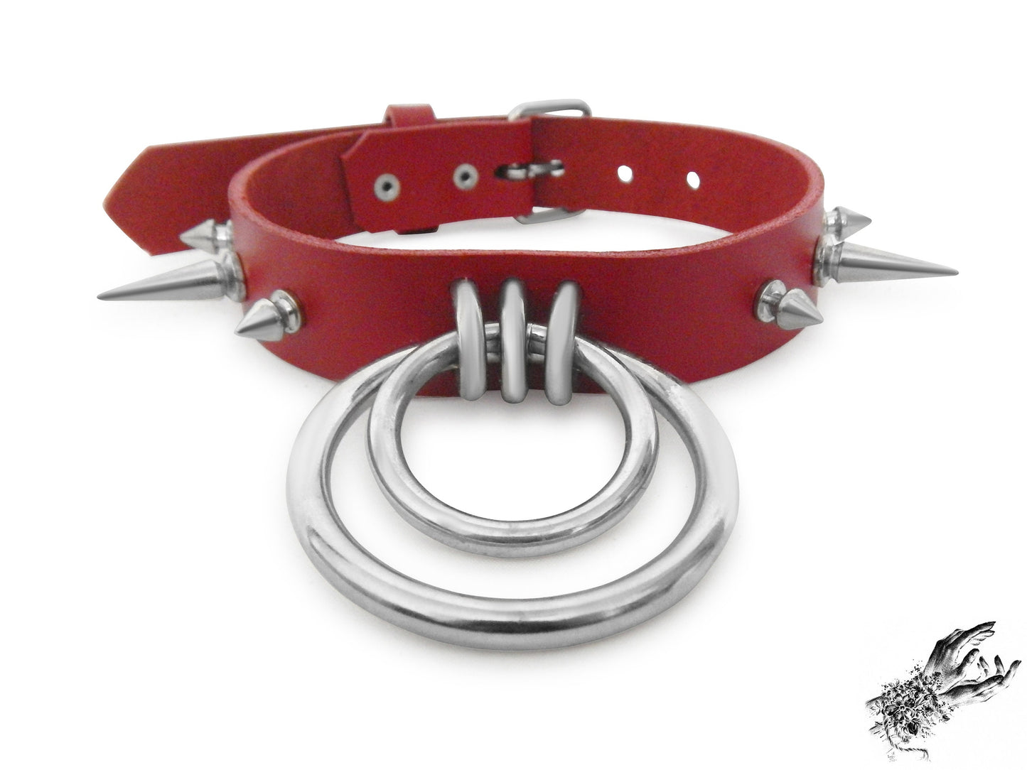 Red Studded Double O Ring Choker (Long and Short Spikes)