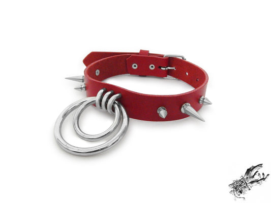 Red Studded Double O Ring Choker (Long and Short Spikes)