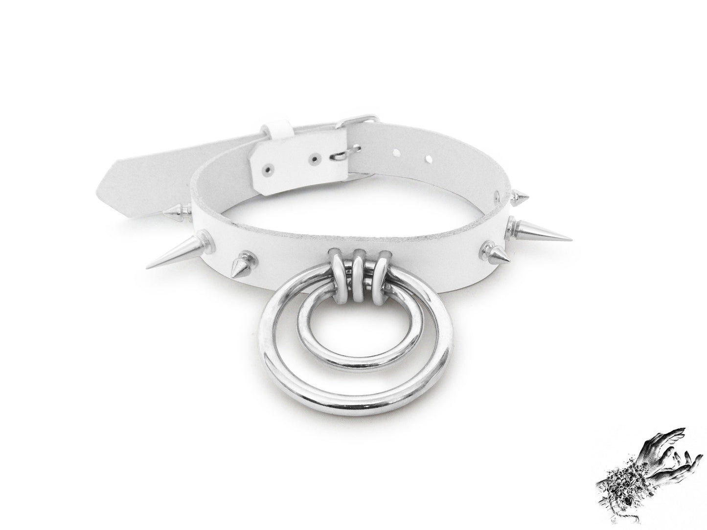 White Studded Double O Ring Choker (Long and Short Spikes)
