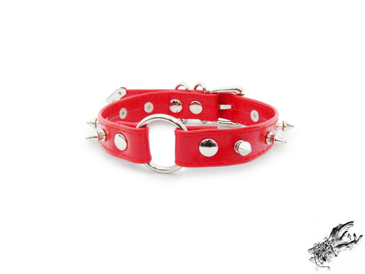 Red Faux Leather Studded O Ring Choker