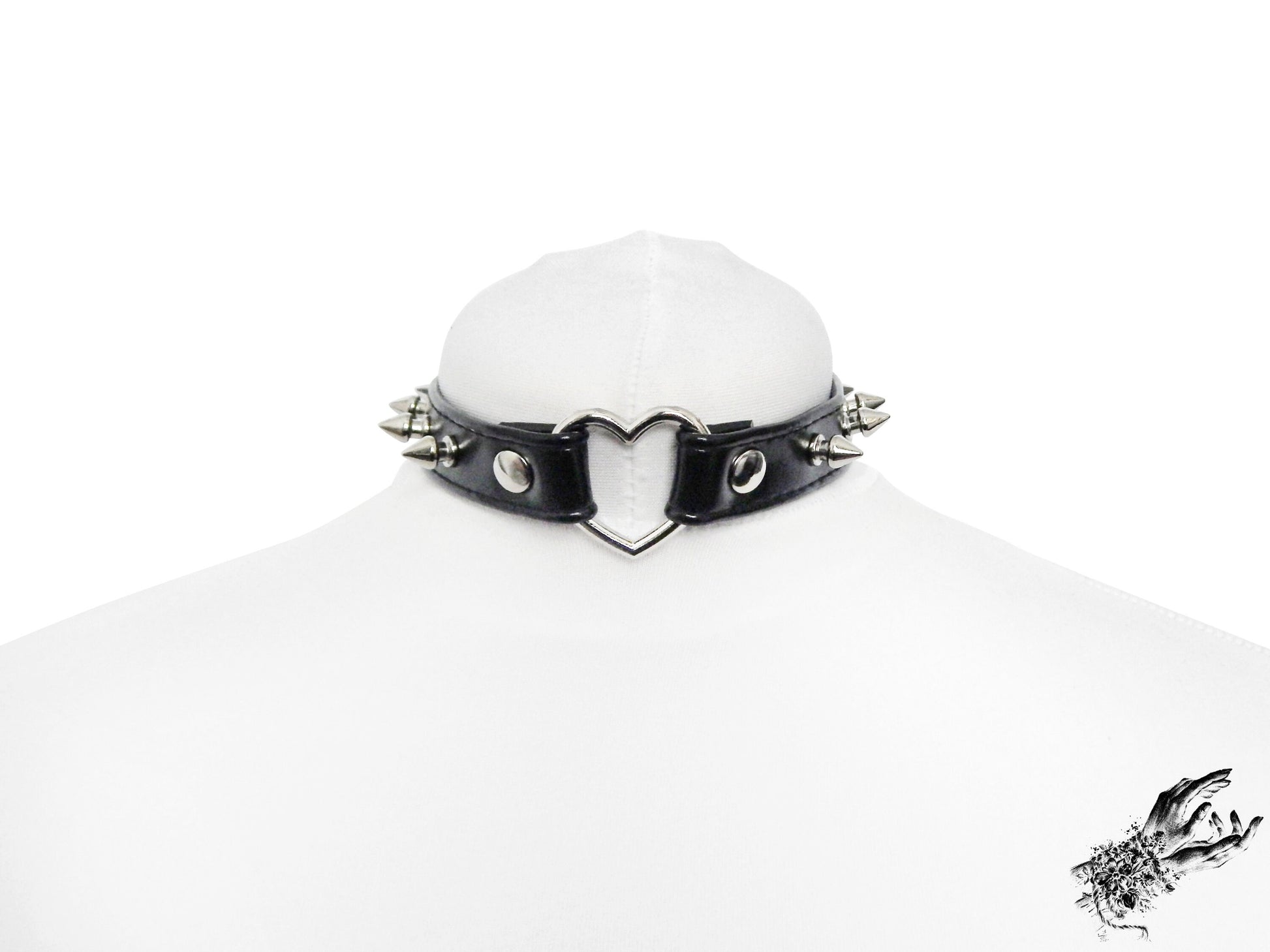 Black Faux Leather Studded Heart Ring Choker - 8th Sin