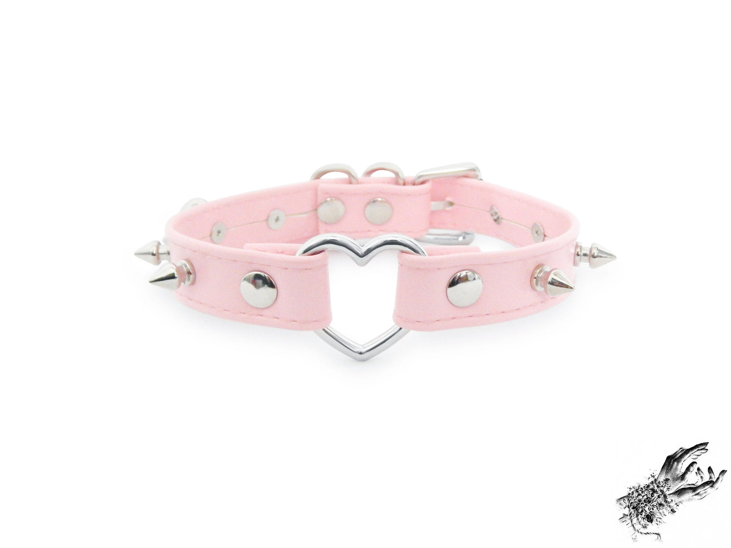 Pink Faux Leather Studded Heart Ring Choker