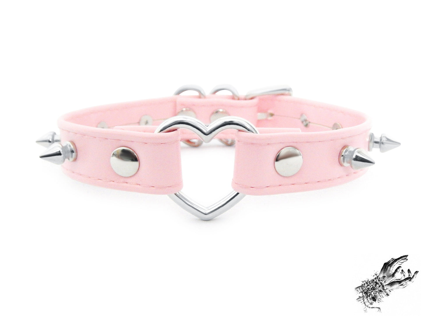 Pink Faux Leather Studded Heart Ring Choker