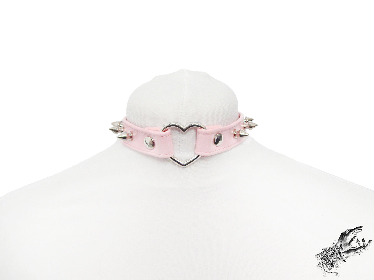 Pink Faux Leather Studded Heart Ring Choker