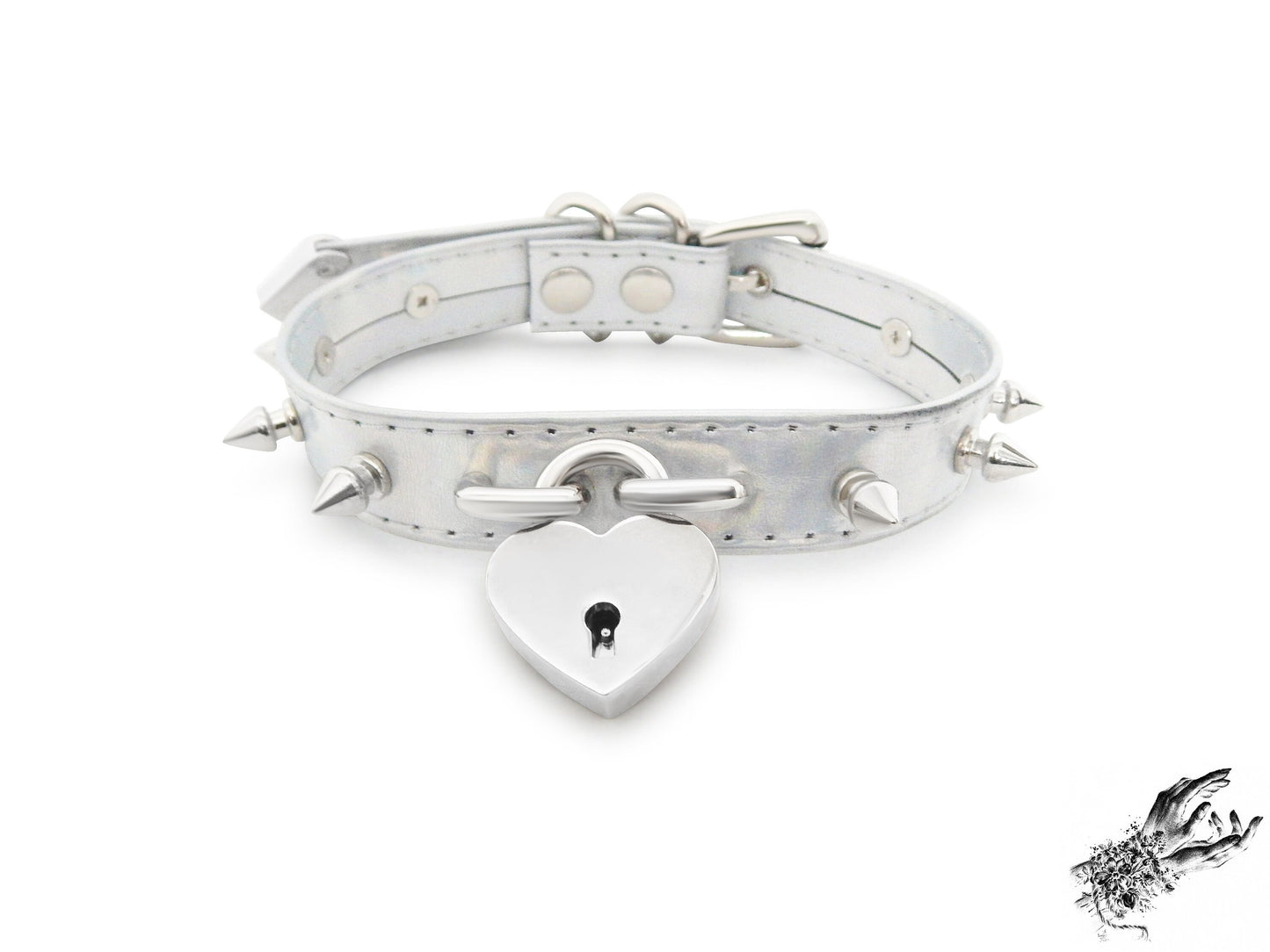 Holographic Silver Studded Heart Padlock Choker