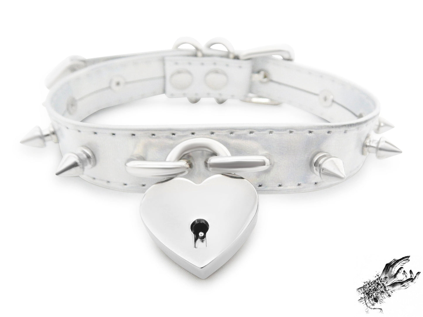 Holographic Silver Studded Heart Padlock Choker