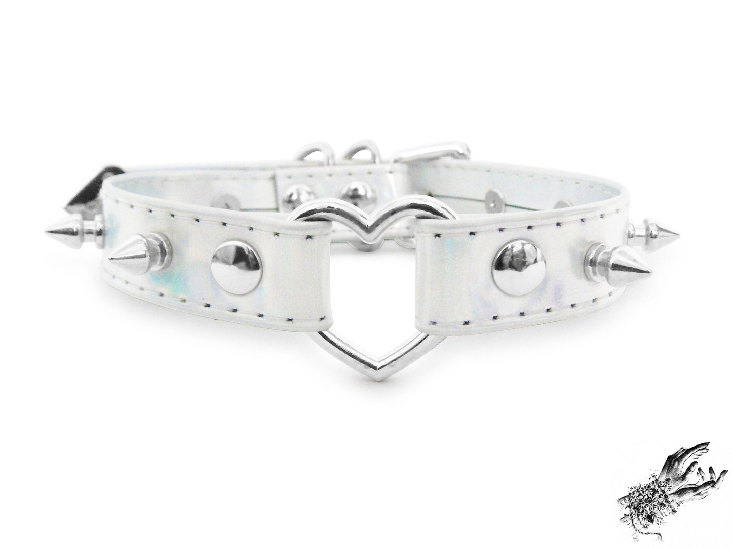 Holographic Silver Studded Heart Ring Choker