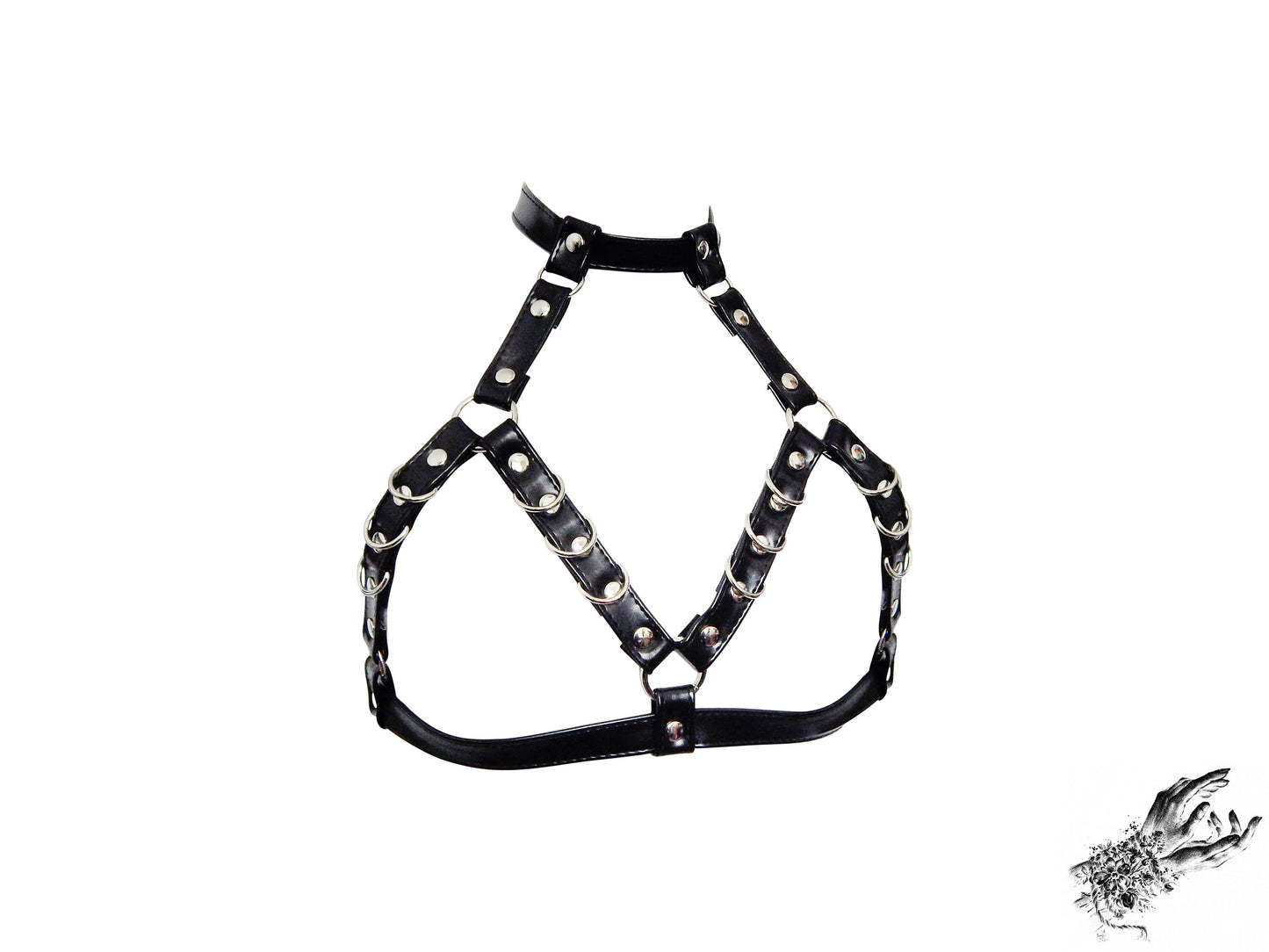 Black Faux Leather D Ring Harness Bra