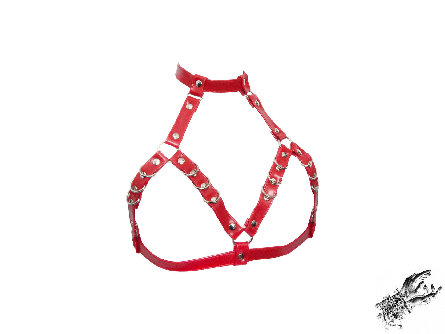 Red Vegan Leather D Ring Harness Bra